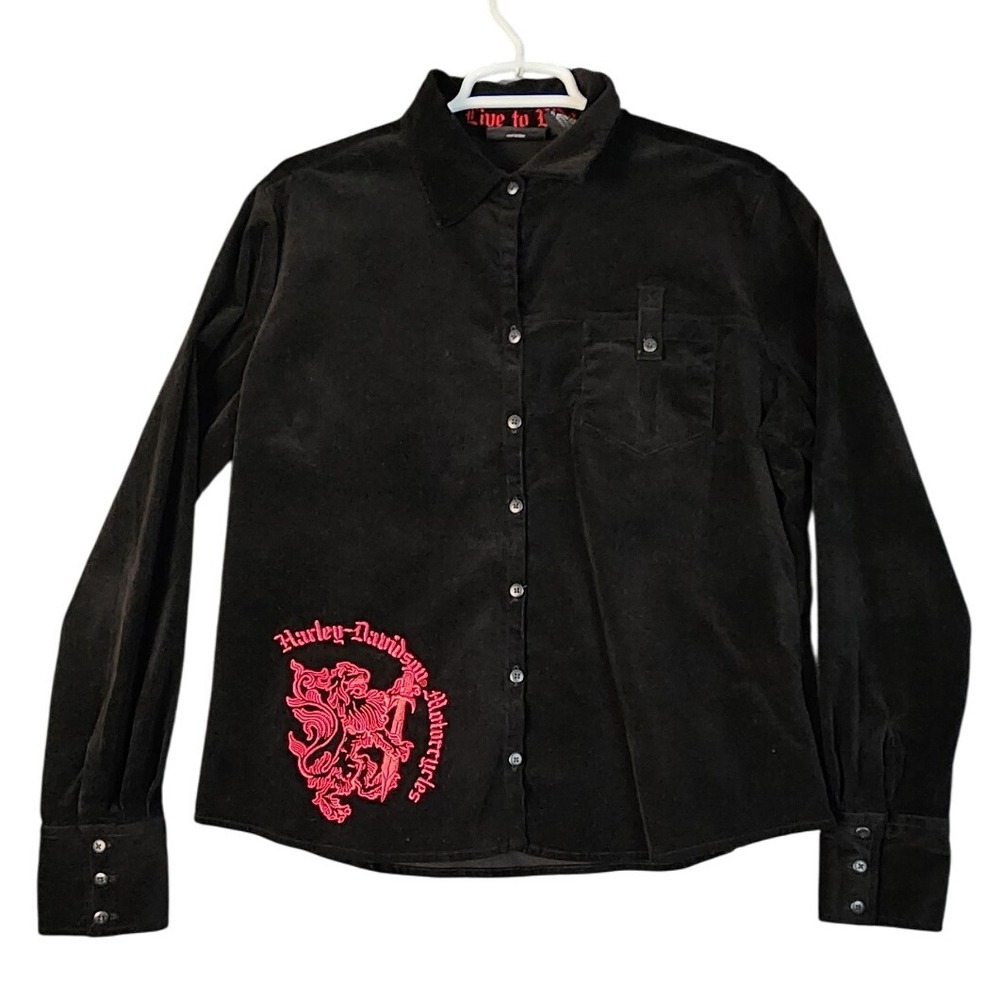 Harley Davidson Womens X Large Black‎ Corduroy Button Up Lion Shirt